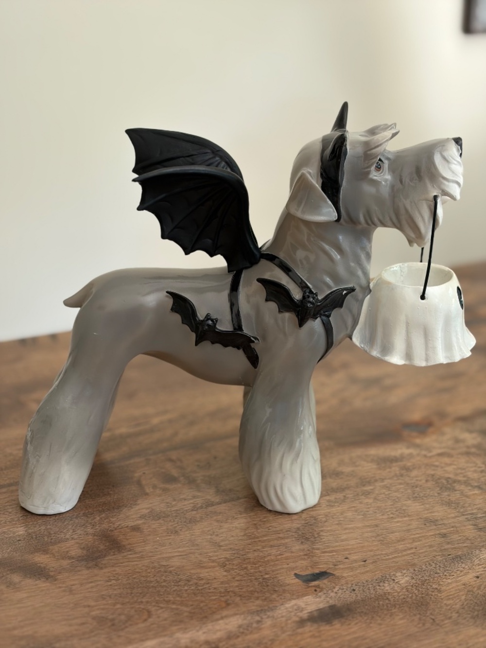 Halloween Schnauzer Dog Holding Ghost Bucket in Bat Costume Decor Figure - Picture 5 of 7